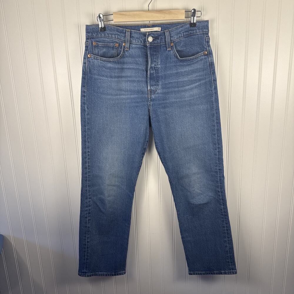 Levi Wedgie Straight Jeans Size 29 Button Fly Blue Denim 26" long